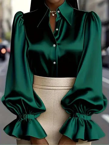 Dame elegant silke bluse med puffærmer og flot knapliste Skovae