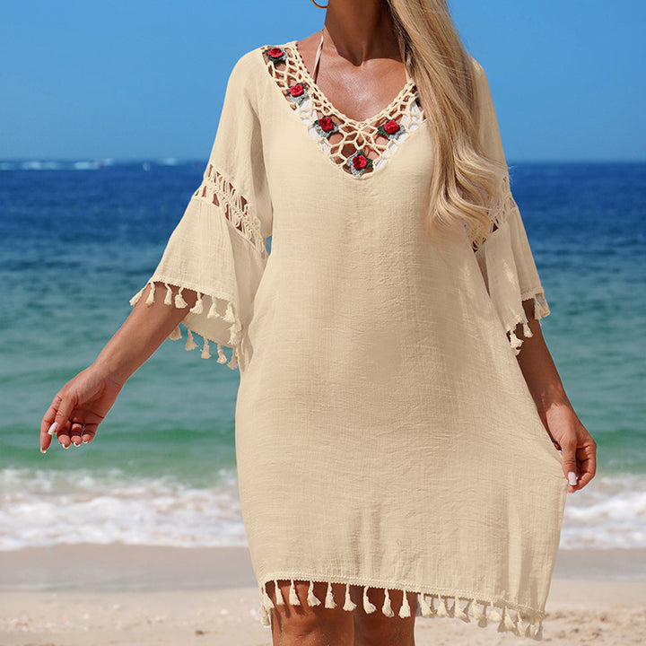 Dame Hæklet Strandkjole med elegant broderi og frynser Skovae