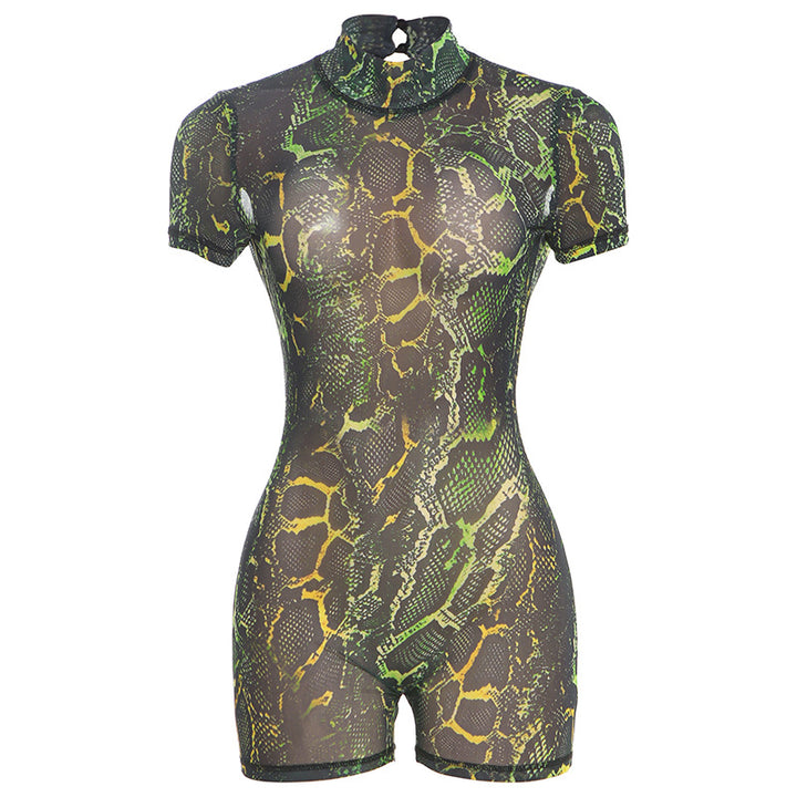 Dame figursyet kort jumpsuit med høj krave og blomstret design Stilla