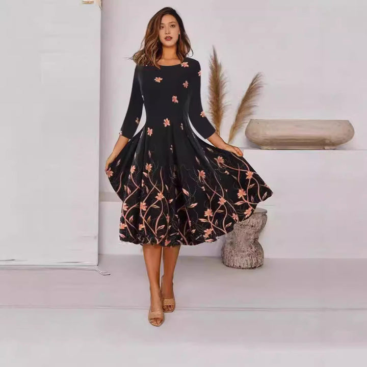 Stilla | Stilfuld Trekvartærme Rund Hals Trykt Kjole