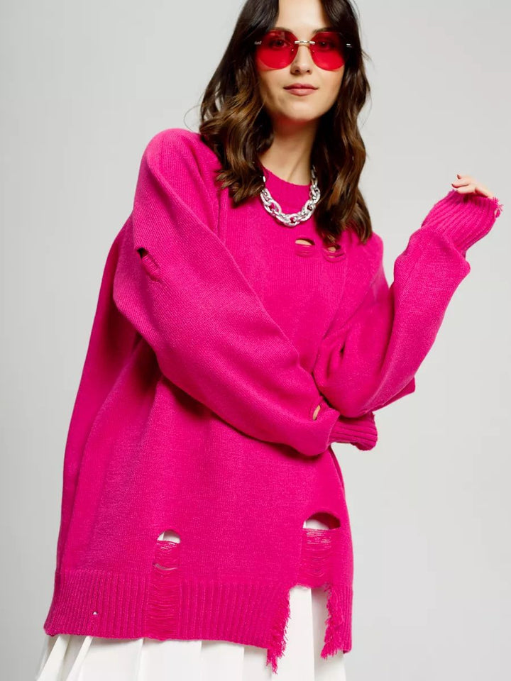 Dame Oversized Strikbluse med Frynser og Hul-Design Stilla