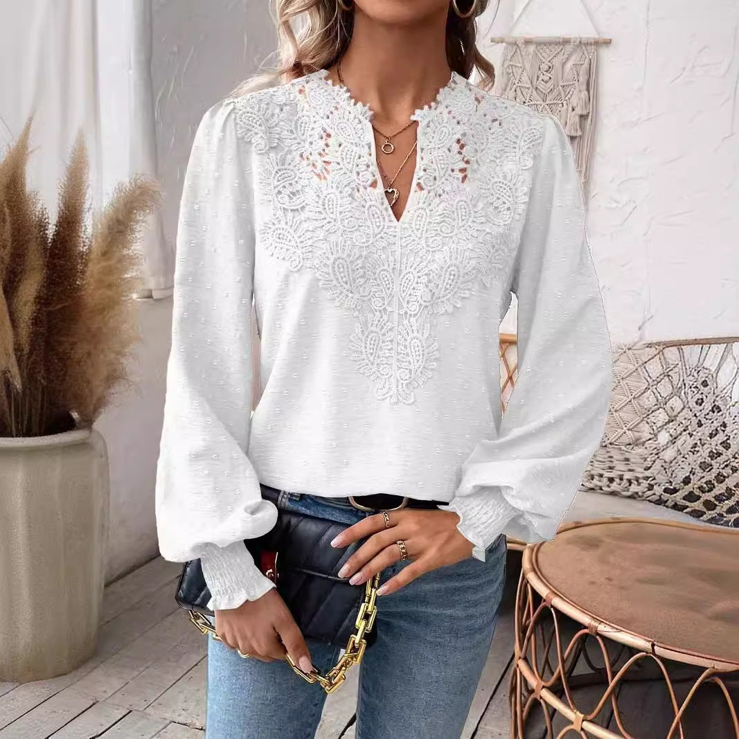 Dame elegant bluse med hulbroderi og voluminøse ærmer Stilla