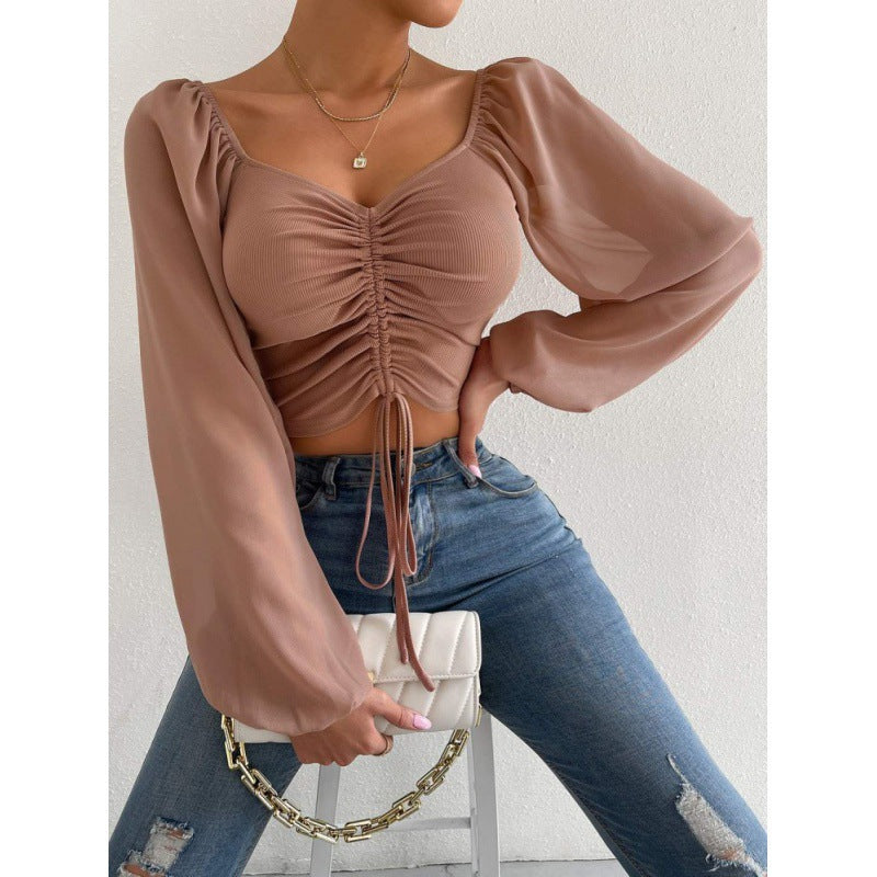 Dame Elegant Crop-top med puffede ærmer og snøremuligheder Stilla