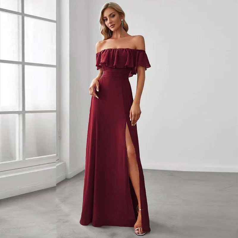Dame Off-Shoulder Maxikjole med Flæse Detaljer og Slids Stilla