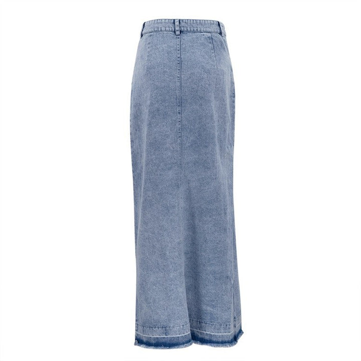 Dame Denim-maxikjole med sidelids og frynset kant Stilla