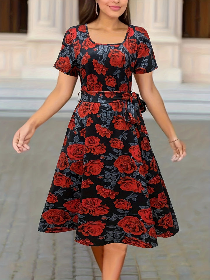 Dame Elegant silke kjole med blomsterdesign og figursyet bælte Stilla