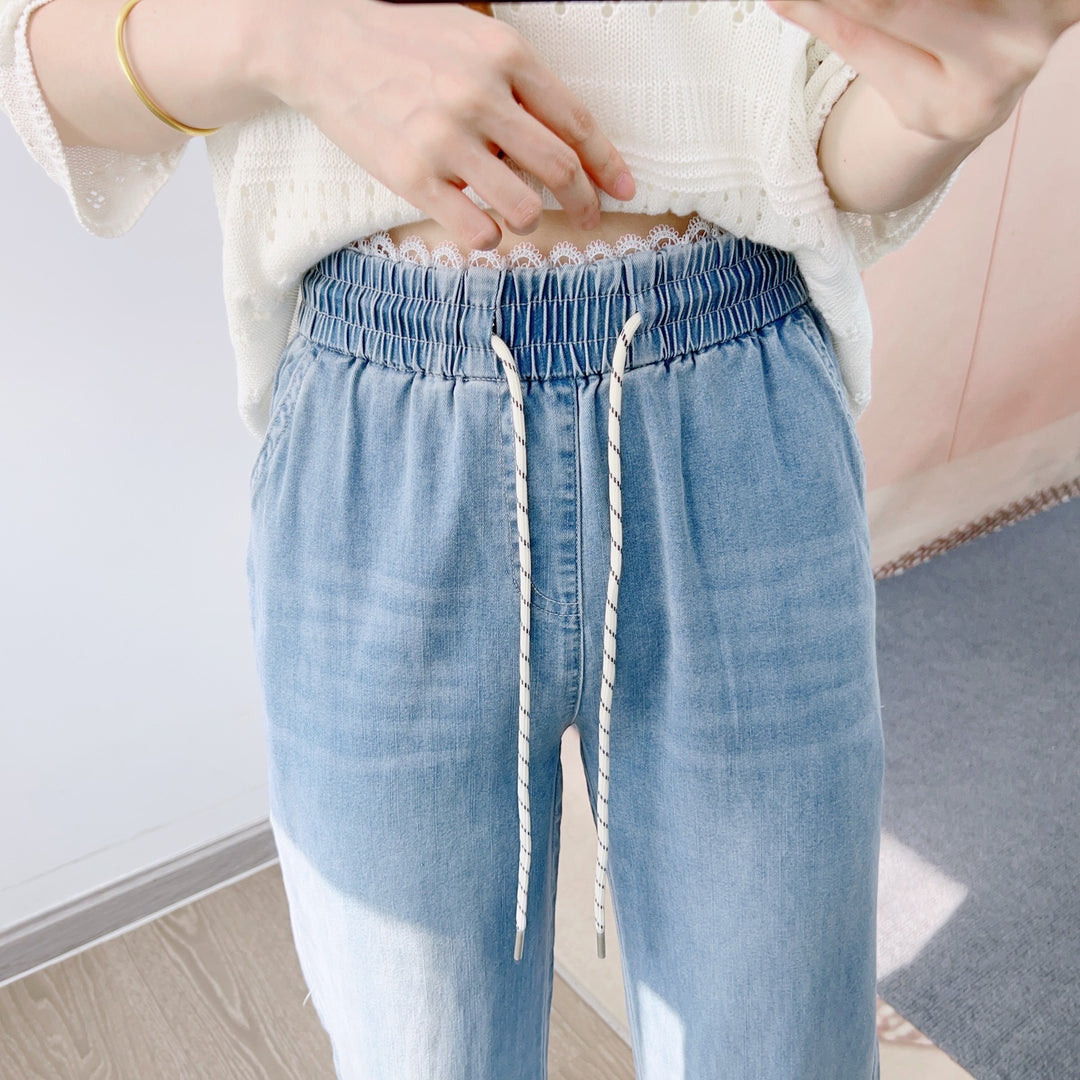 Dame brede denim-bukser med elastisk talje og stilfuld snøre Stilla