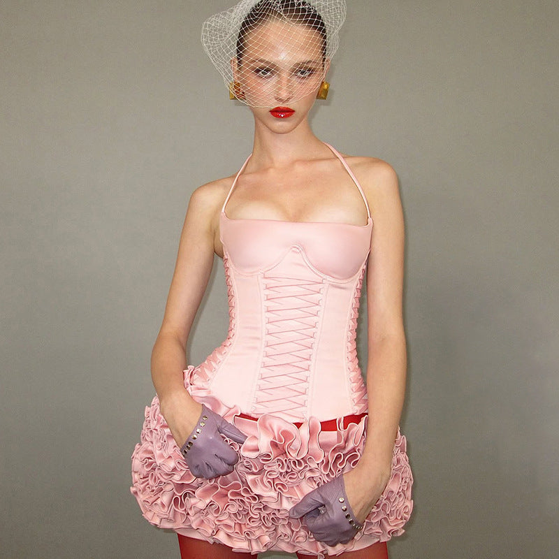 Damen Cropped Oberteil mit dekorativem Bindeband und raffinierten Rüschendetails Skovae