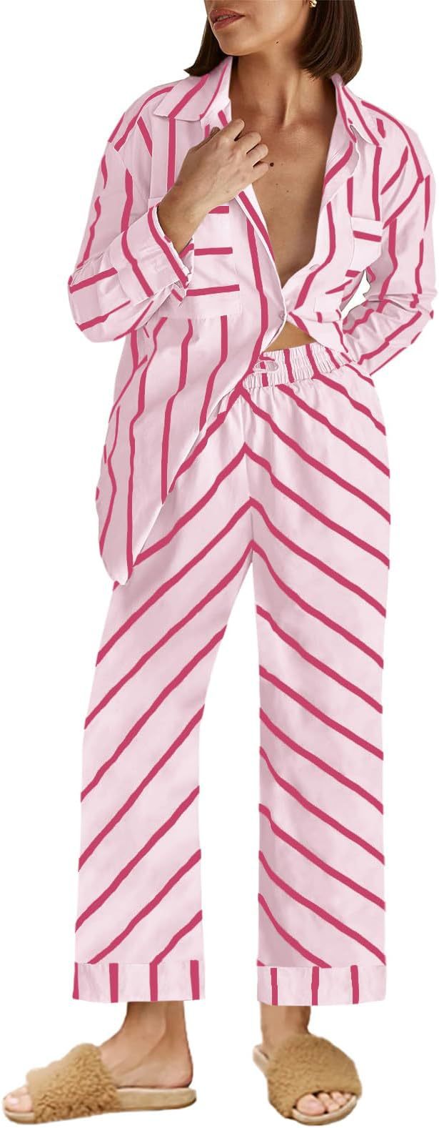 Dame stribet pyjamasæt med let løst fit og elastisk linning Stilla