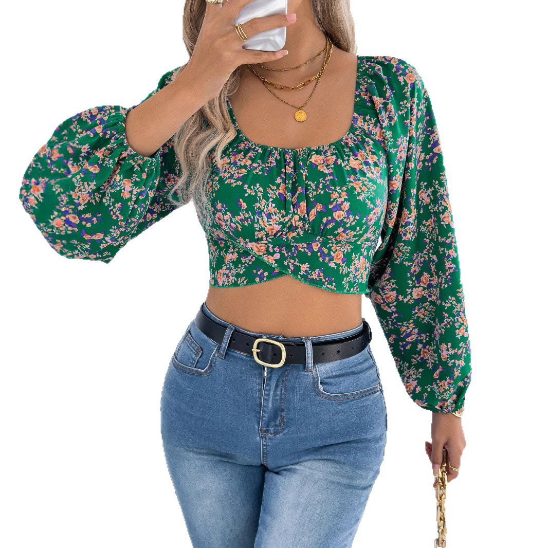 Dame Kort Bluseoverdel med Blomsterprint og Puffærmer Stilla