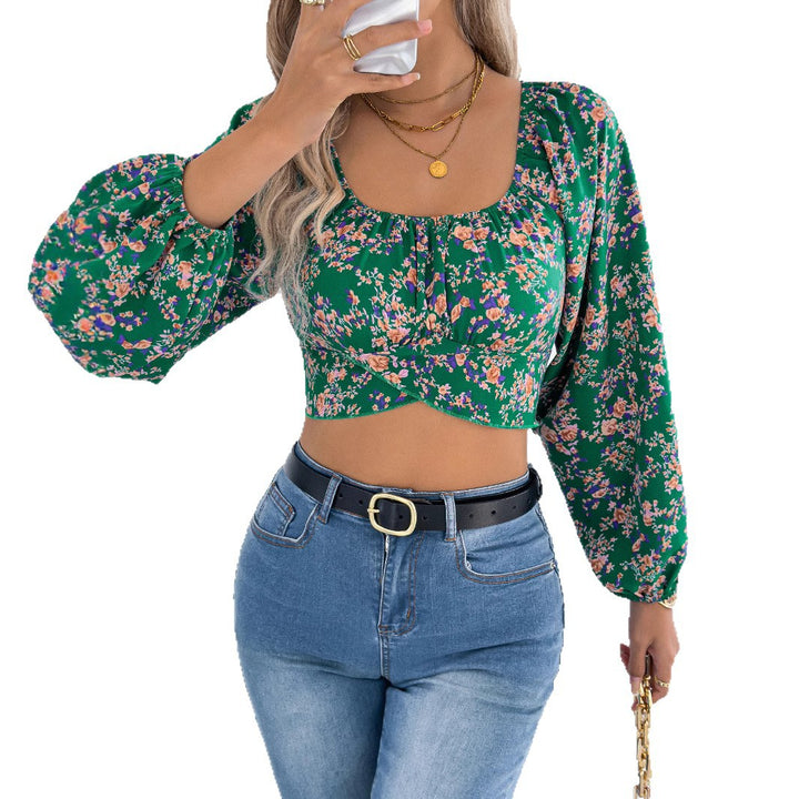 Dame Kort Bluseoverdel med Blomsterprint og Puffærmer Stilla