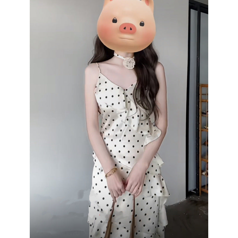 Femme Rüsch Polka Dot Spaghetti-strop Maxi-kjole Stilla