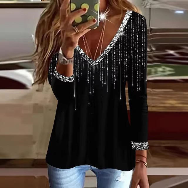 Dame Glitrende V-Hals Sweater med Elegante Rhinestone Detaljer Skovae