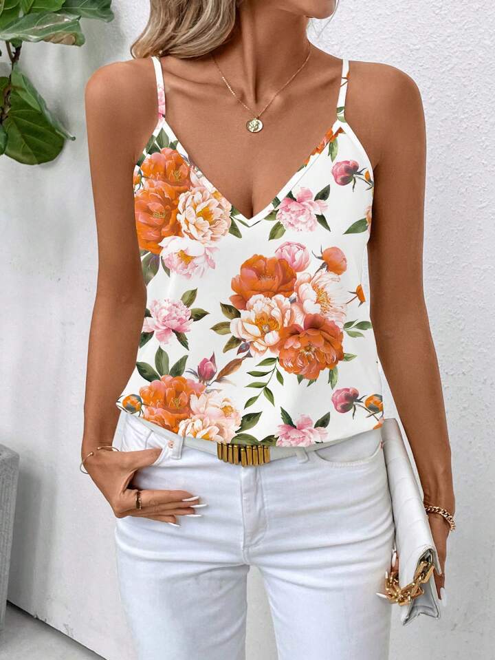 Dame Floral V-udskæring Cami Top Stilla