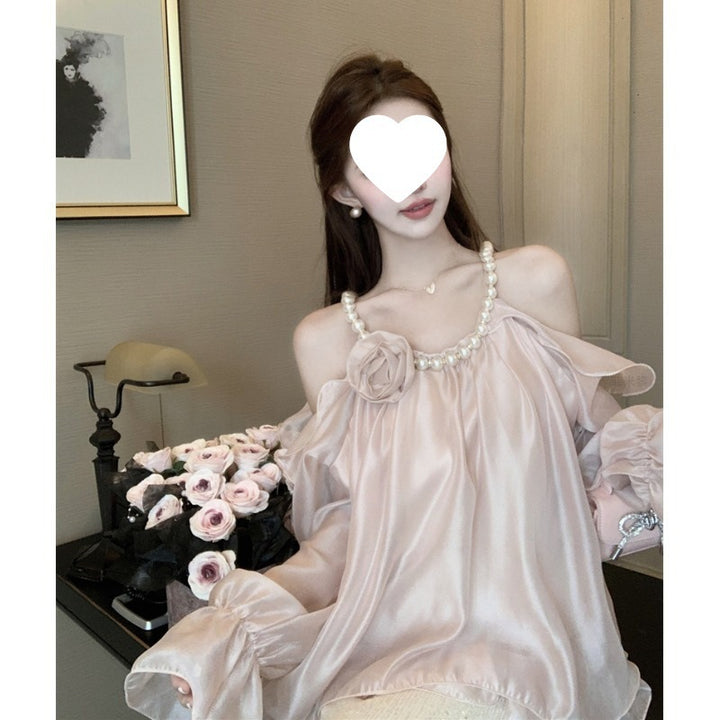 Dame Elegant Off-Shoulder Bluse med Rufflesleeves og floral accent Stilla