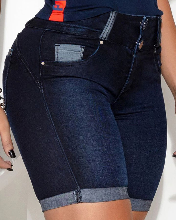 Dame Denim-Bermudas med fashionable knapdetaljer og elastisk talje Stilla