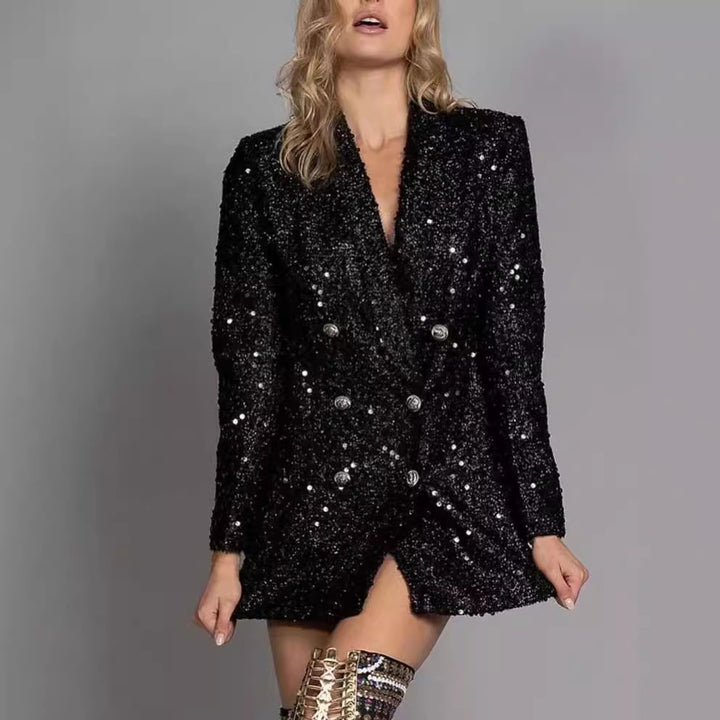Dame Funklende Blazer med skinnende pailletter og dobbelt knapliste Stilla