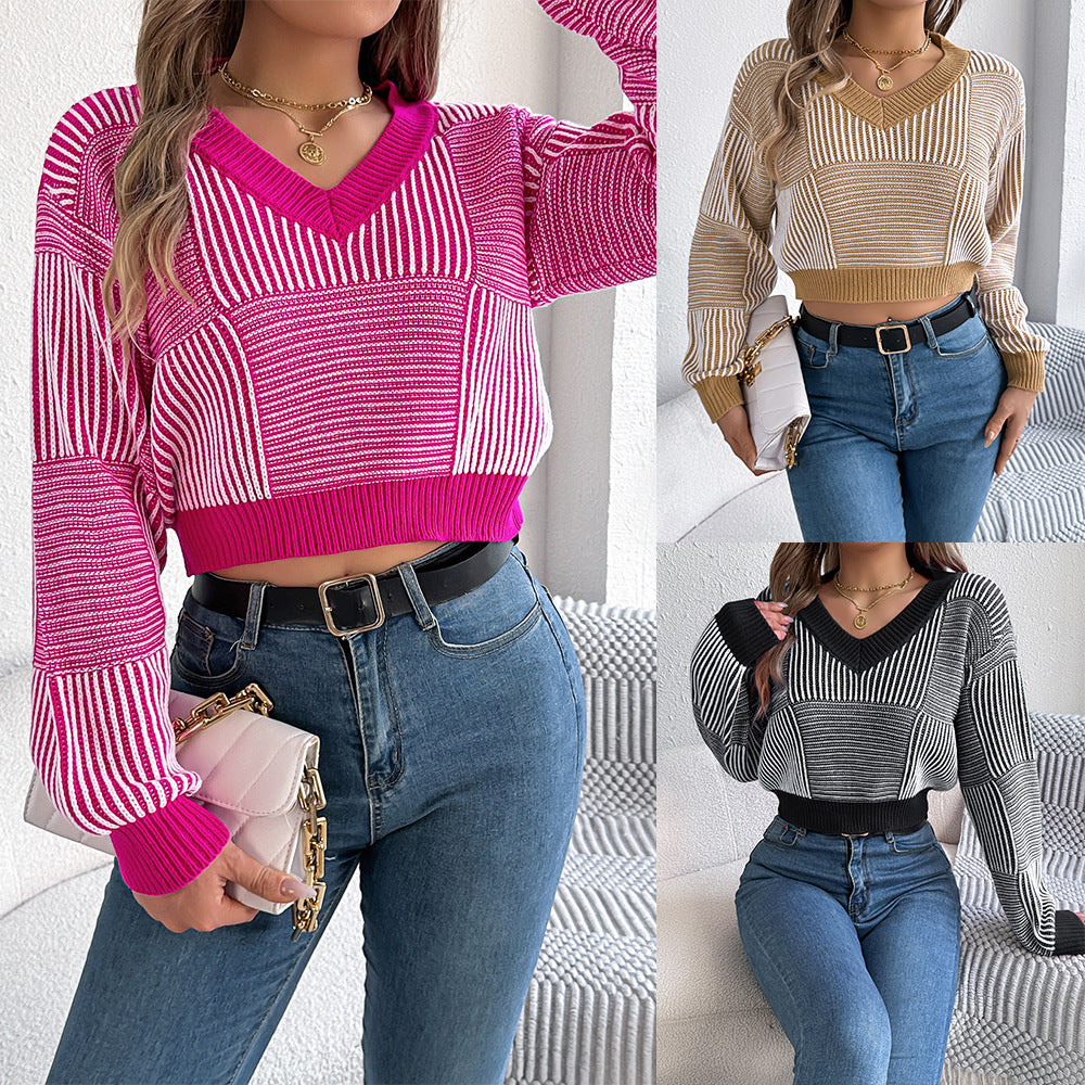 Dame Mode-strikpullover med V-hals og stribemønster Stilla