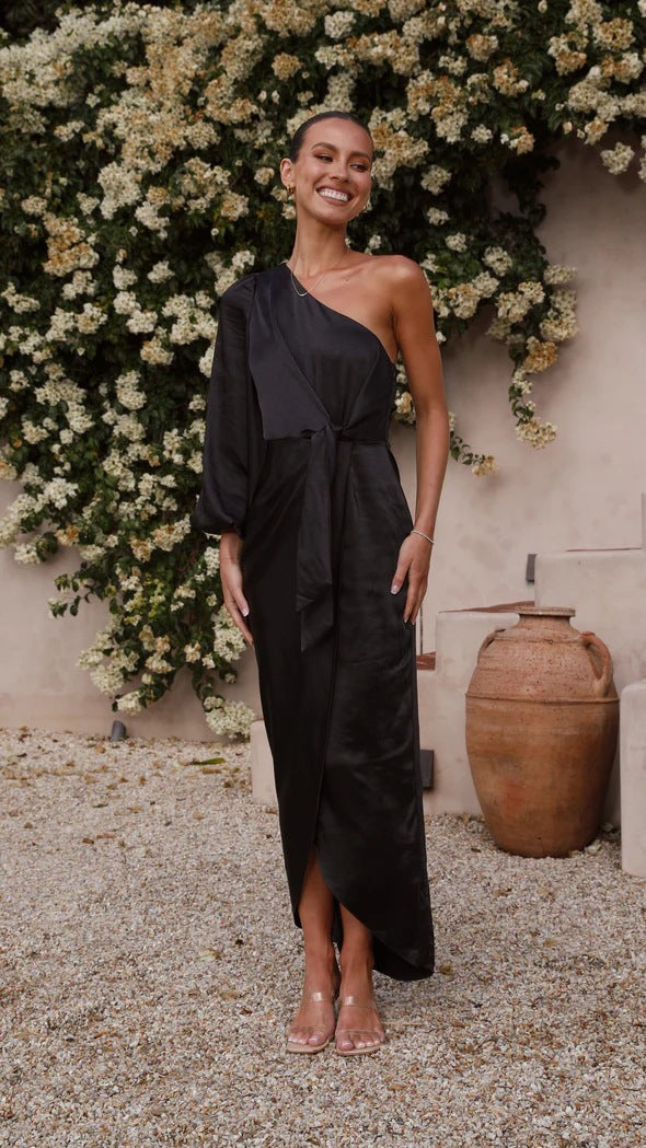 Ladies wrap dress with asymmetric design and elegant waist belt Skovae