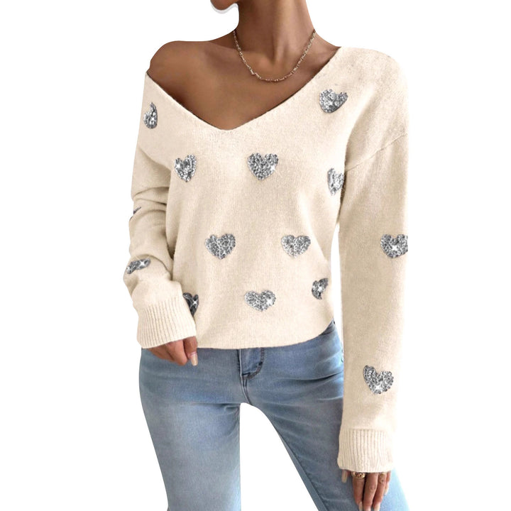 Dame oversized sweater med dyb V-hals og hjerte motiv Stilla