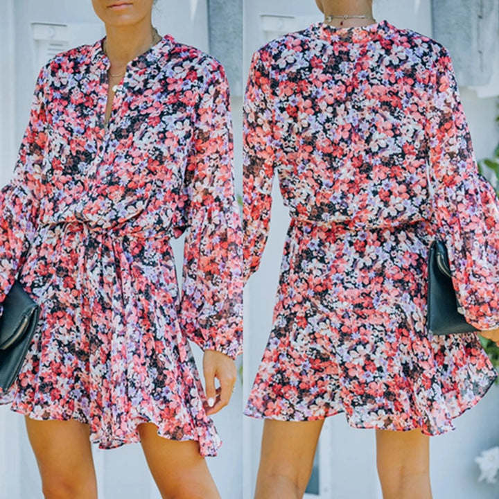 Dame Løs Floral Mini Kjole med Bånd Detalje Stilla