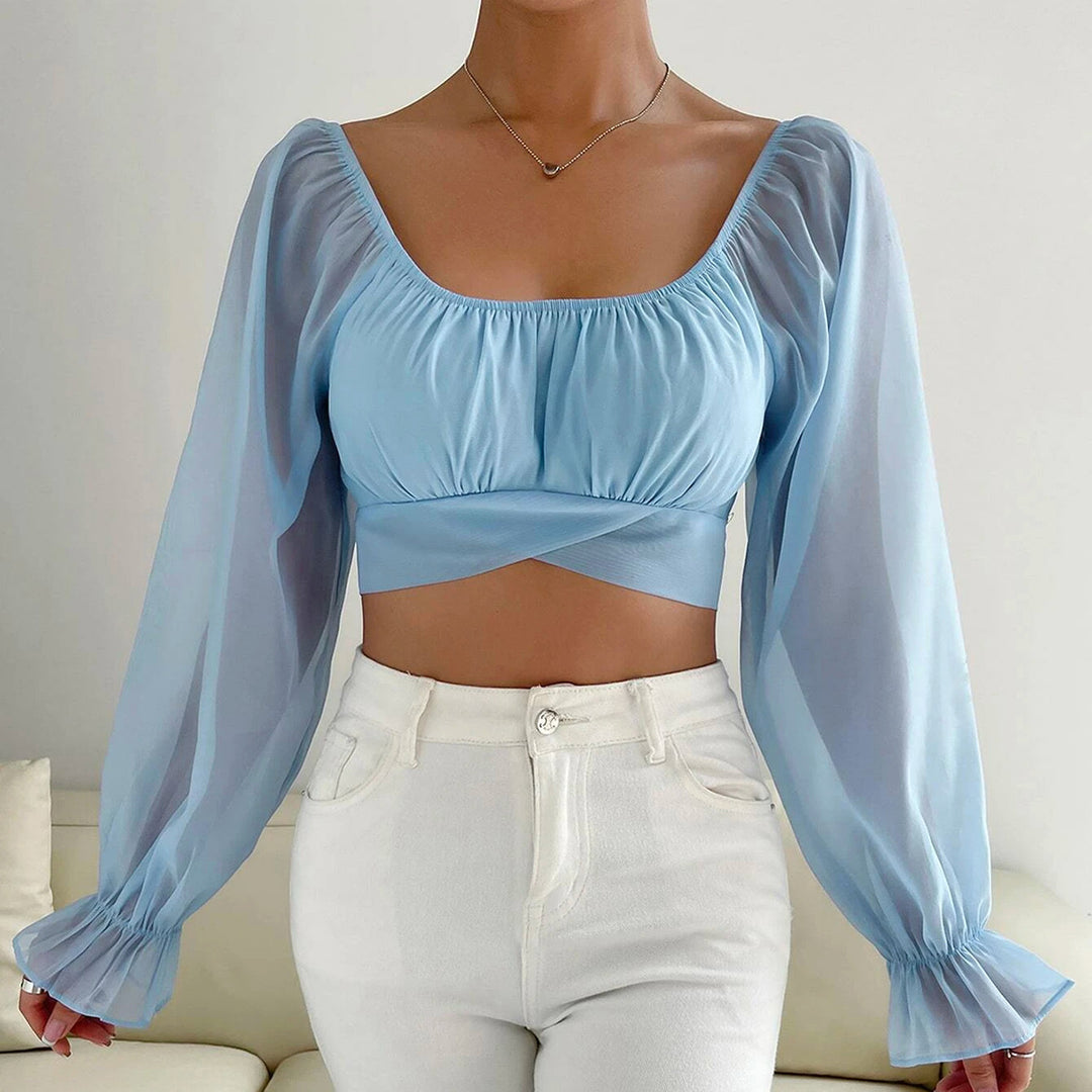 Damer cropped bluse med puffærmer og raffineret snit Skovae