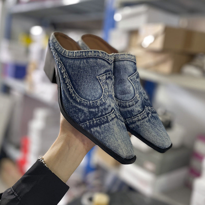 Damer nan Jeans-Sandaler med spidse tæer, frynsede kanter og middelhøj blokhæl Skovae