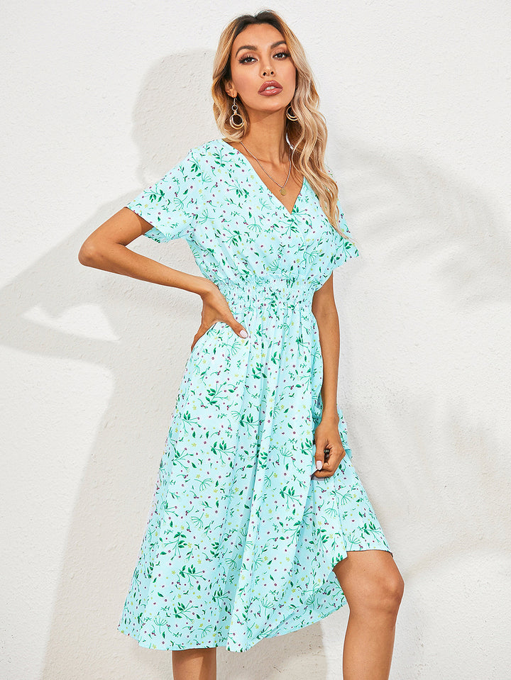 Dame Floral Print Smocked Waist Wickelkjole Stilla