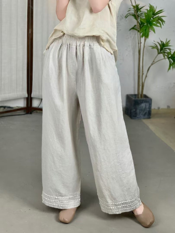 Femme Højskåret Løs Linned Culottes med Dekorativt Bånd Stilla