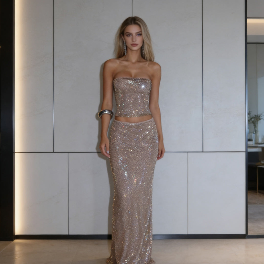 Dame Glamourøst Bandeau kjole med glitrende pailletter Skovae