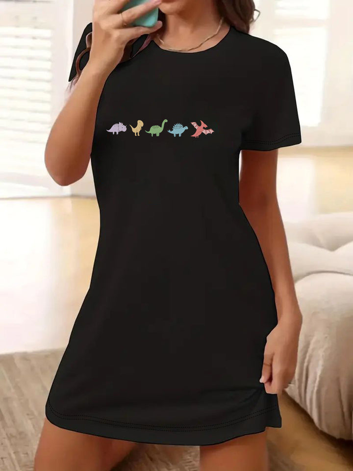 Dame T-shirt kjole med kunstnerisk blomsterdesign og tætsiddende snit Skovae