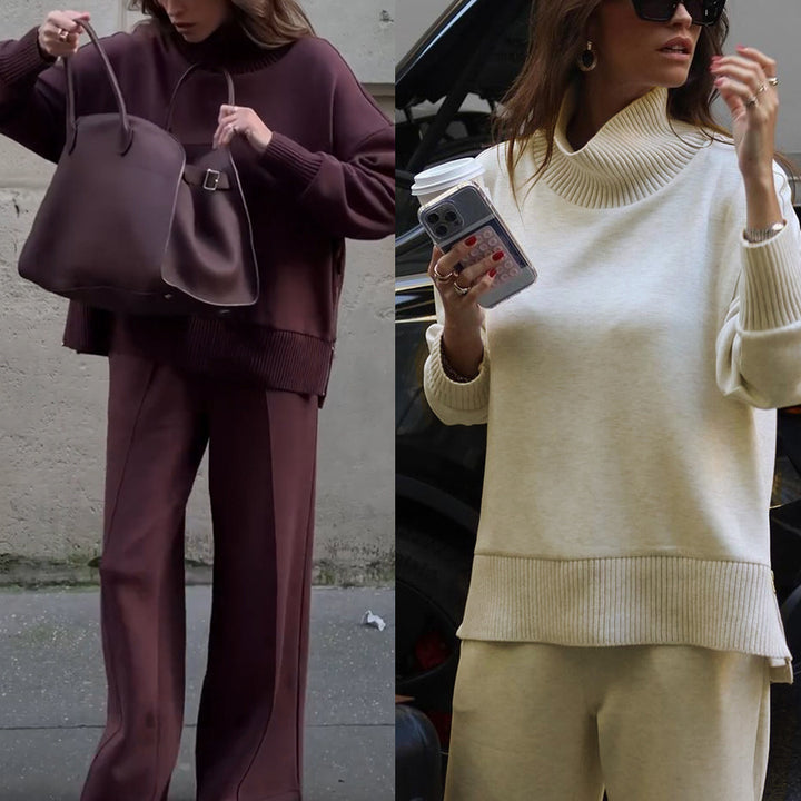 Dame Elegant Strik Sæt med brede Bukser og afslappet Sweater Stiila