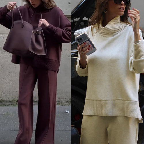 Dame Elegant Strik Sæt med brede Bukser og afslappet Sweater Stiila
