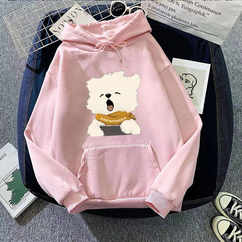 Dame hoodie med sød hund foran print Skovae