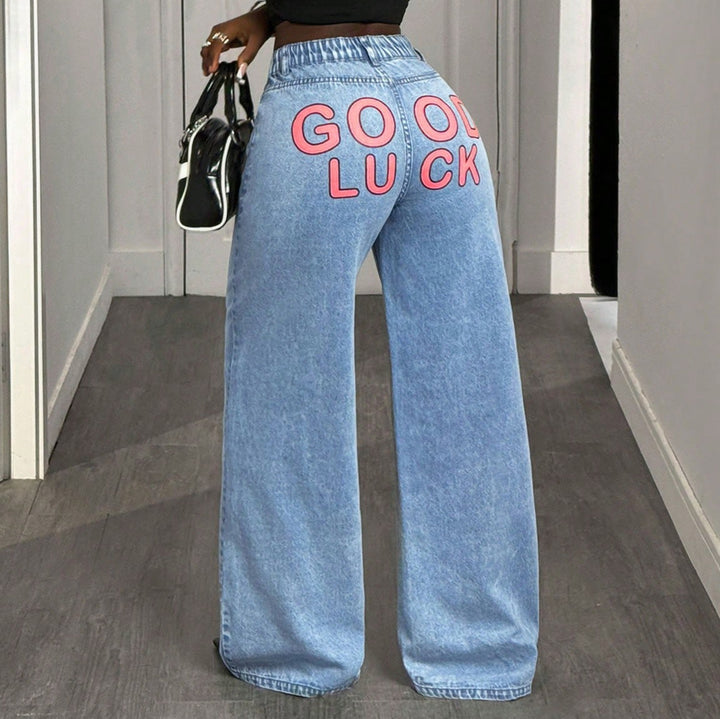Damernes højtaljede wide-leg jeans med statement print Stilla