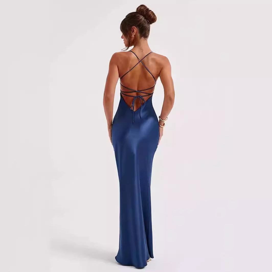 Damer Elegant Satin Maxi Kjole med Dyb V-Udskæring og Slim Fit