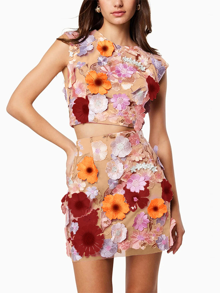 Dame blomsterprint crop top og nederdel sæt Stilla
