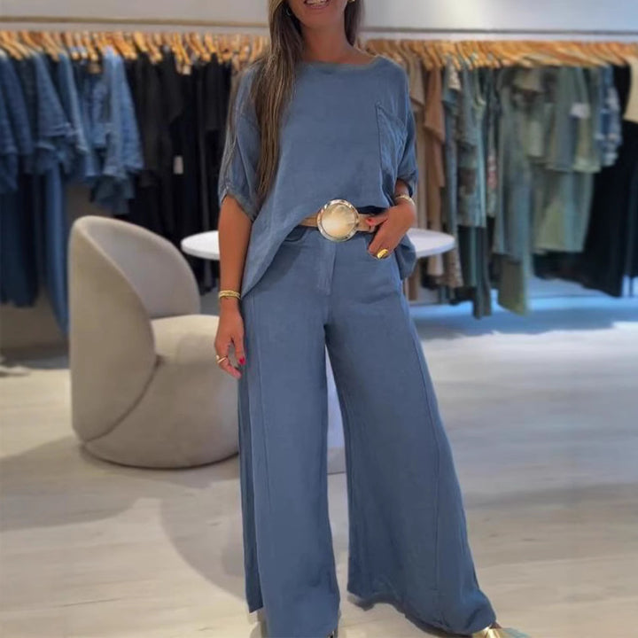 Damer i Leinenmix-sæt med boxy oversize-shirt, brystlomme og bred palazzo-bukser Skovae