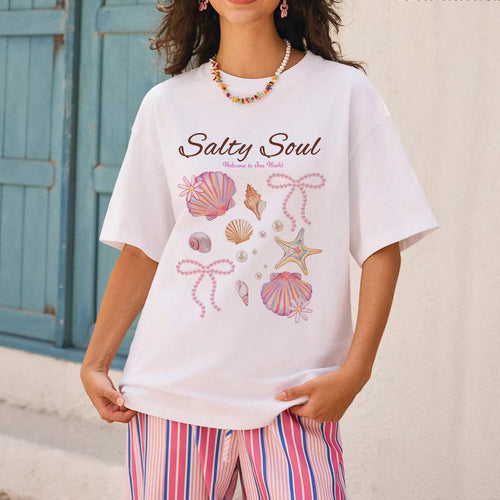 Dame Grafik T-shirt med maritimt muslingemotiv og afslappet snit Skovae