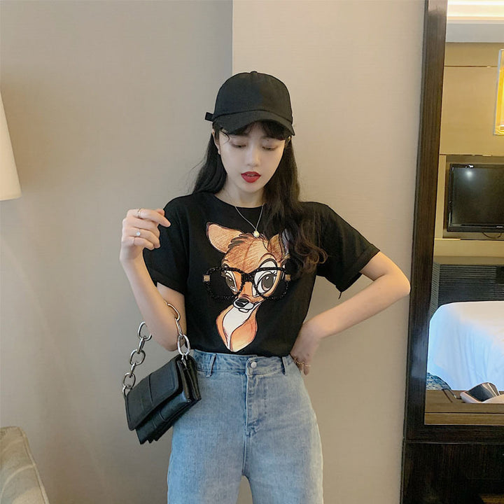 Dame T-shirt med kunstnerisk dyremotiv og afslappet snit Stilla