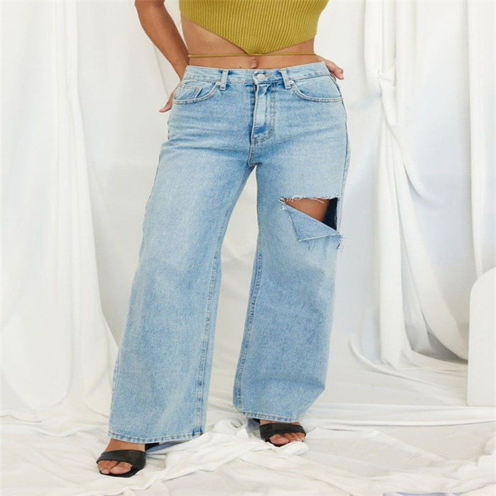 Dame Høj Talje Bred Ben Jeans med Ripped-detaljer Stilla