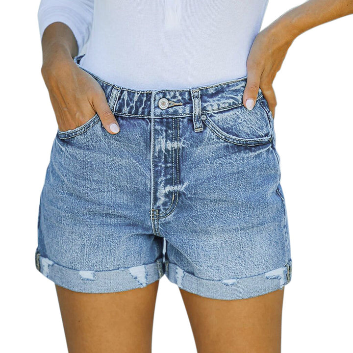 Dame denim-shorts med høj talje og frynset kant Stilla