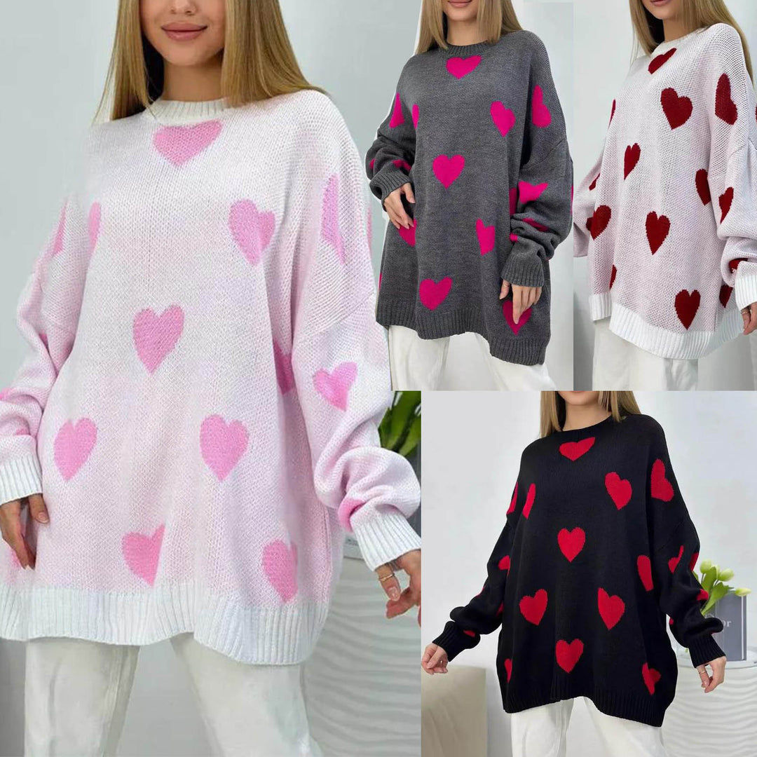 Dame grovstrik pullover med hjerte motiv og dropped shoulders Stilla