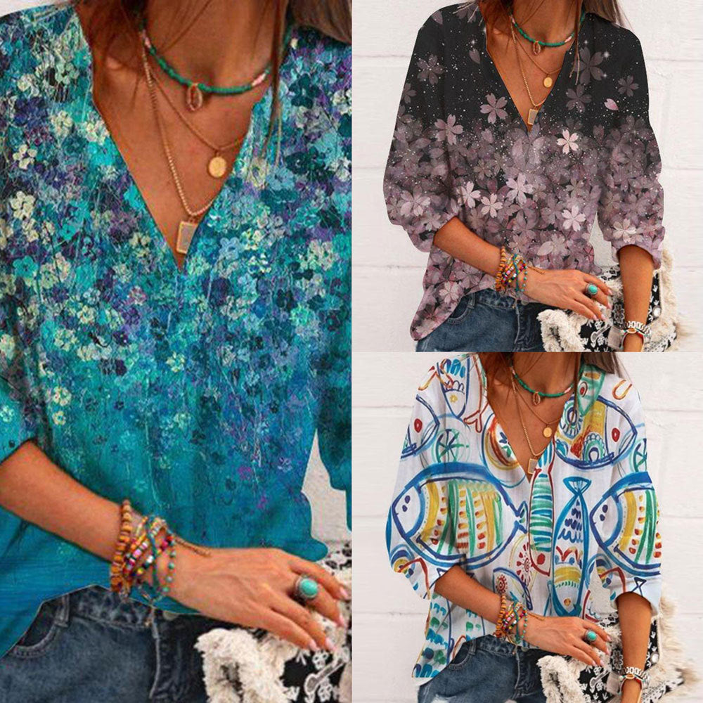 Stilla | Trendy Print V-Hals Cuff Stræk Tre-Fjerdedel Ærme T-Shirt