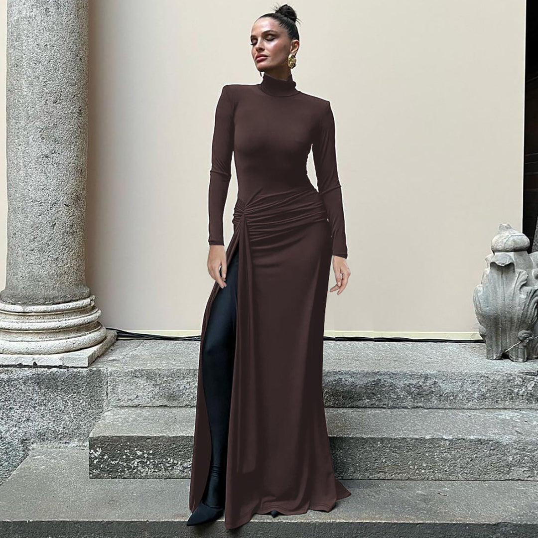 Dame Elegant Maxikjole med høj krave og rynker Stilla