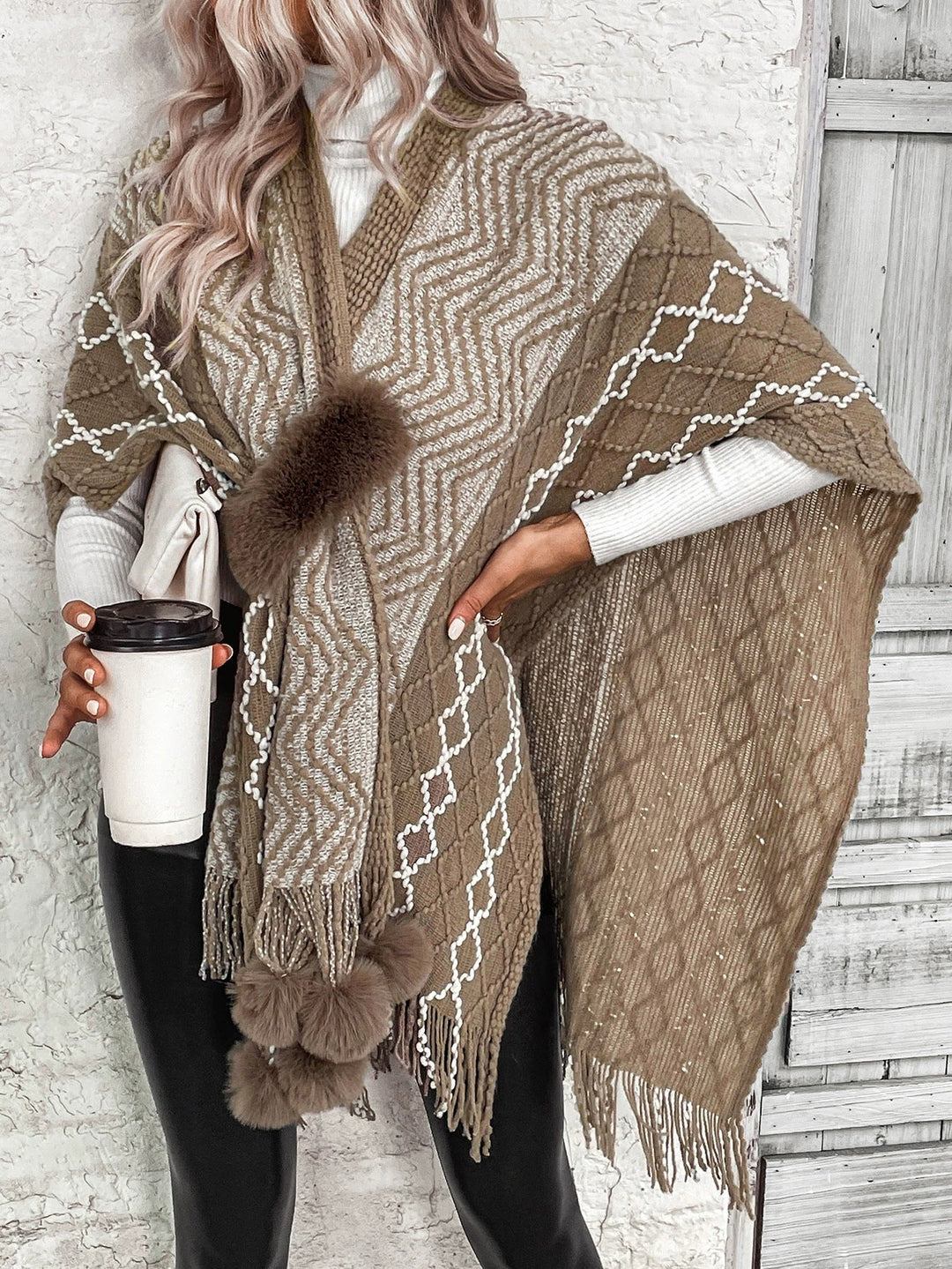Stilla | Cape Tørklæde Cardigan Uld Strik Over størrelse Fringed kant V-hals Boho Stil