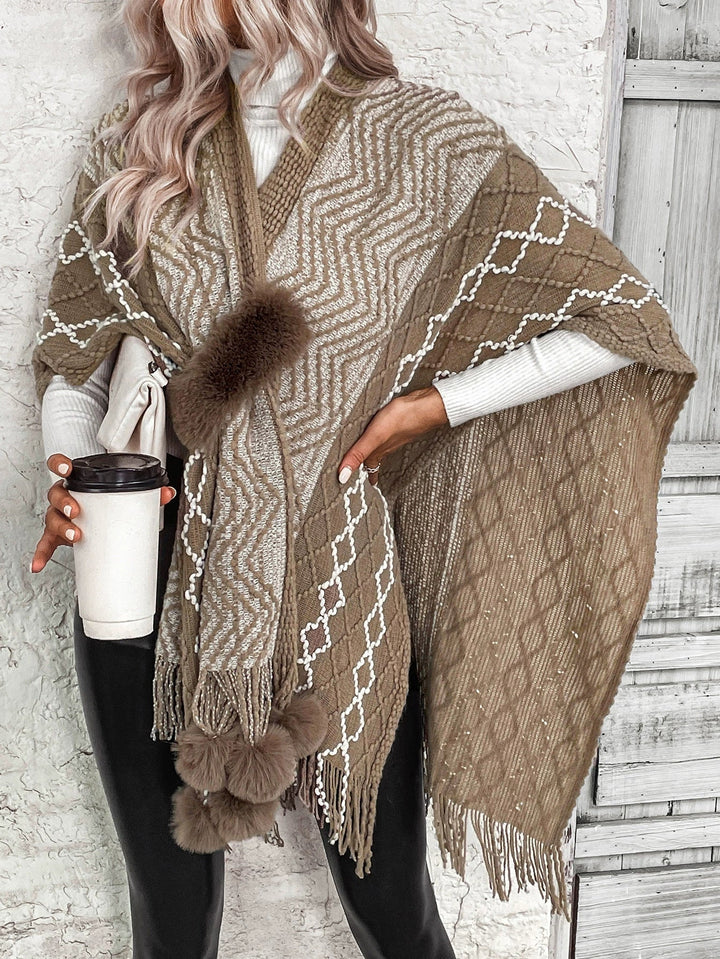 Stilla | Cape Tørklæde Cardigan Uld Strik Over størrelse Fringed kant V-hals Boho Stil