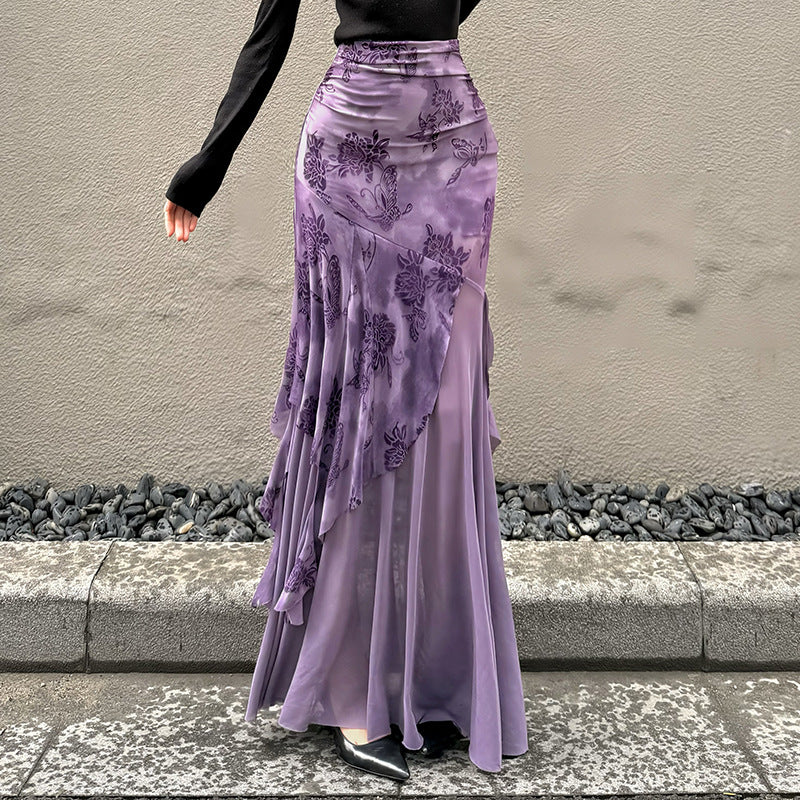 Dame Maxi-nederdel med blomstret design og asymmetrisk snit Skovae
