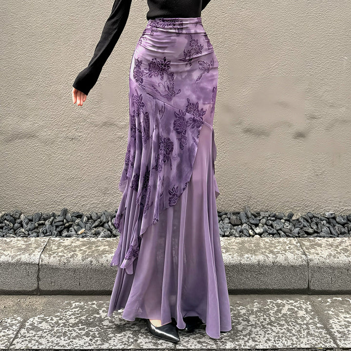 Damen asymmetrischer Maxirock mit floralen Details und transparenten Schichten Skovae