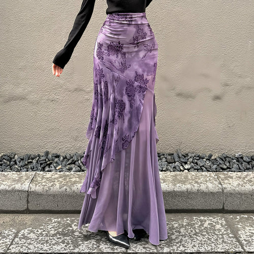 Dame Maxi-nederdel med blomstret design og asymmetrisk snit Skovae